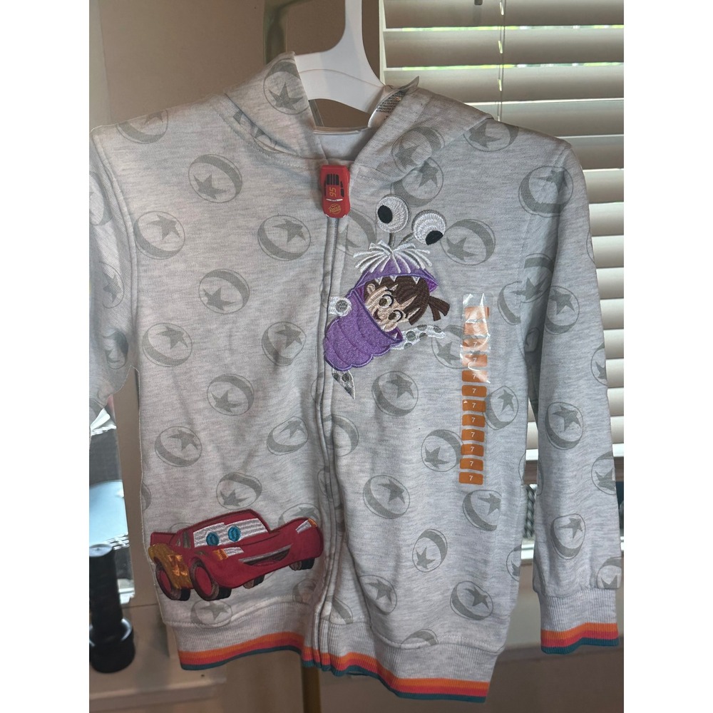 Disney Pixar Boys Zip Up Hoodie Grey Lightning McQueen Monsters Inc Boo Size 7